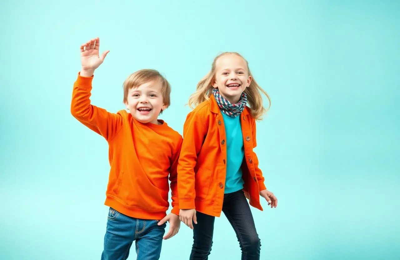Boy and girl laughing in stylish modern kids outfits for boys and girls